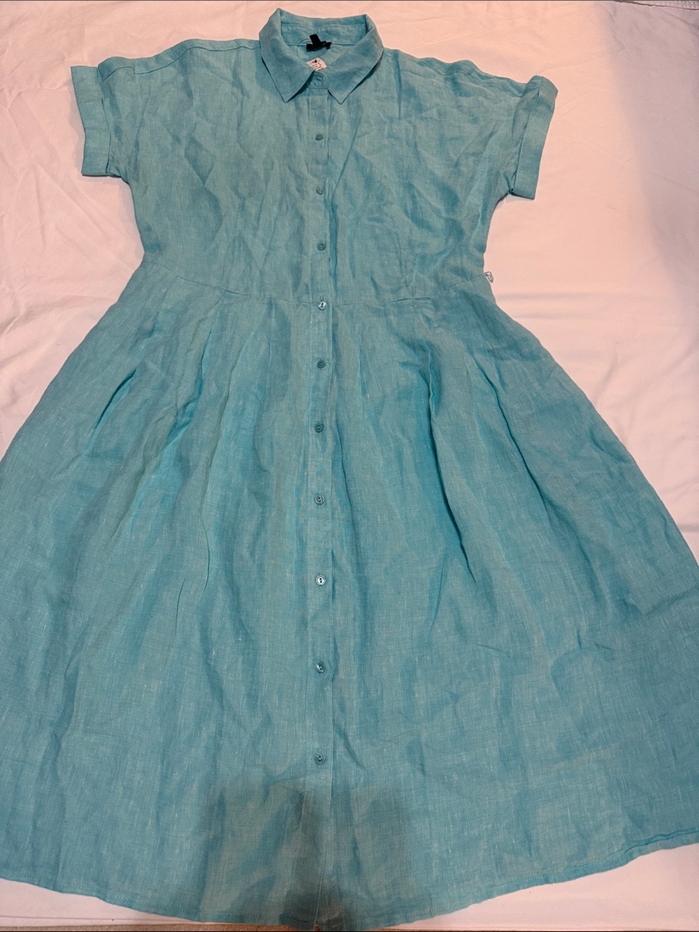 Talbots Aqua Button-Front Linen Midi Dress  No Belt 10 NWT